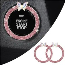 2PCS Bling Car Push Start Button Cover Decoration Ring, Shiny Push to Start Pink