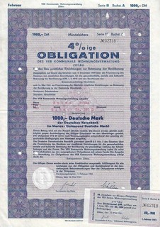 VEB Kommunale Wohnungsverwaltung KWV Zittau Obligation 1000 DM 1961 Hirschfelde