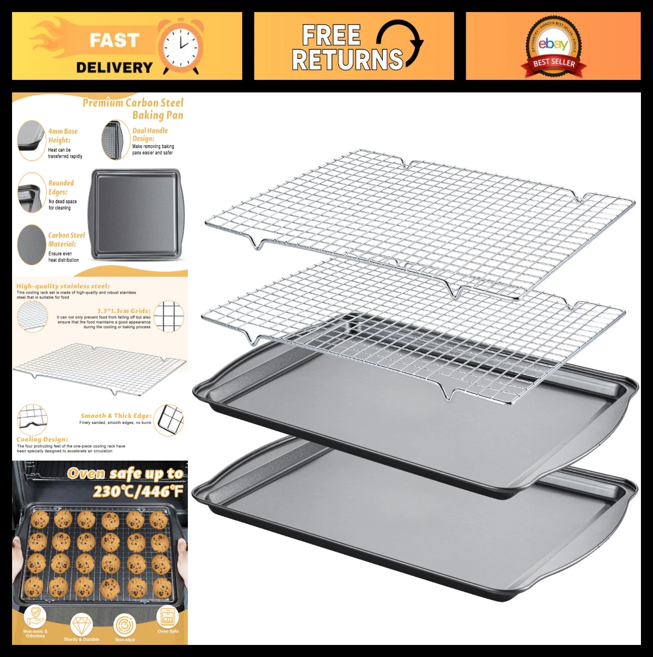 Nonstick Baking Sheets with Cooling Racks - 17"x11" Carbon Steel Cookie Pans, Se
Opens in a new wind