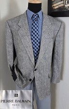 VTG Pierre Balmain 46R Blazer Men Sport Coat Gray 100 Silk Herringbone Jacket