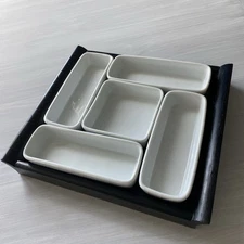 Crate and Barrel 5 White Dishes On Wooden Black Appetizer Tray~