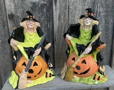 Vintage 70s Halloween Ceramic Decor Lot (2) Witch Jack O Lantern Cat Pumpkin