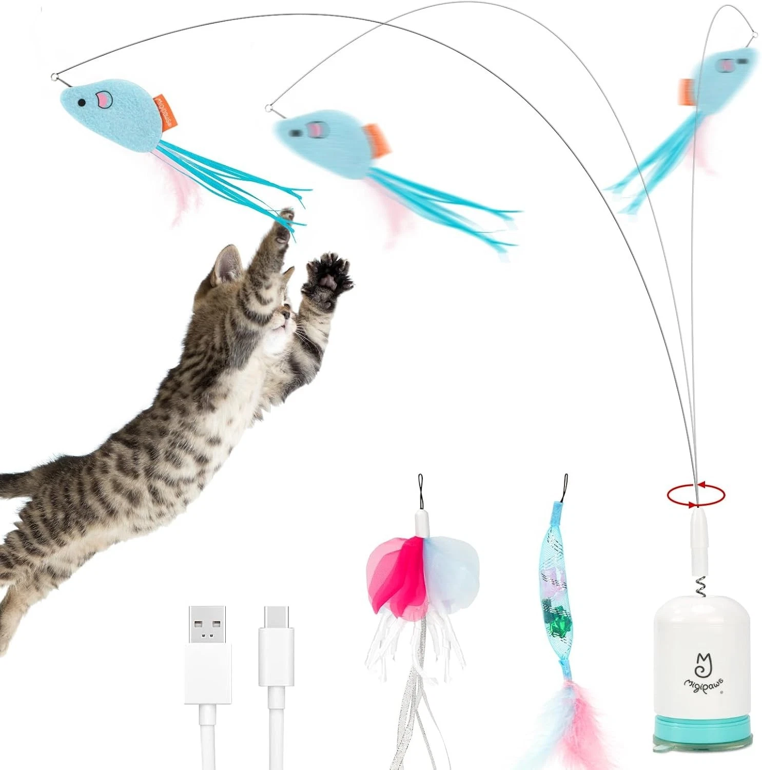 Migipaws Automatic Cat Teaser Wand Toy MigiWand - Suction Cup USB Rechargeable
