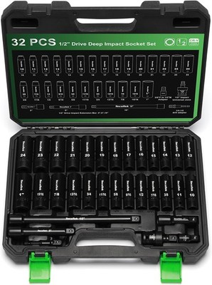 TecoTek 1/2'' Drive Deep 12-Point Impact Socket Set, 32-Piece Socket Set, SAE 3