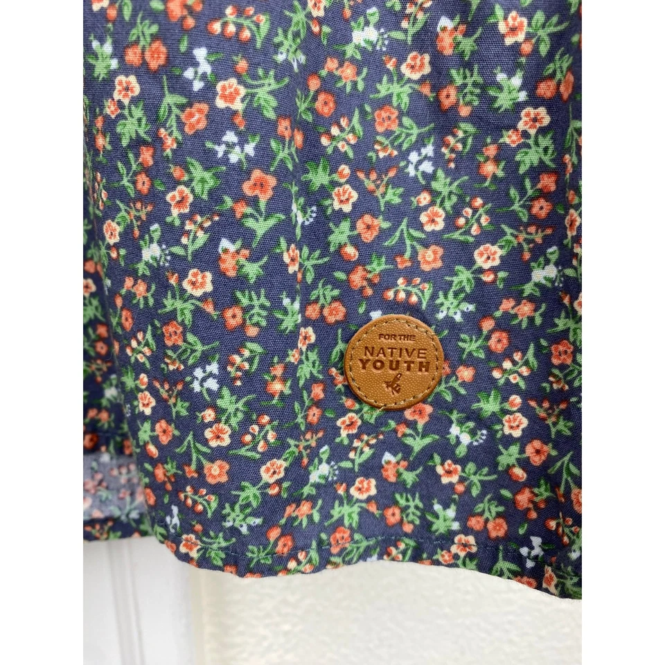 Native Youth Size M Gray Orange Ditsy Floral Short Sleeve Cotton Button Up Shirt - Image 2 of 4