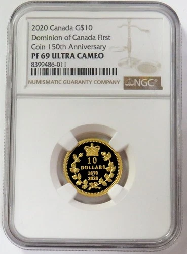 2020 GOLD 1000 MINTED CANADA $10 DOMINION FIRST ANNIVERSARY 1/4oz NGC PF 69UC