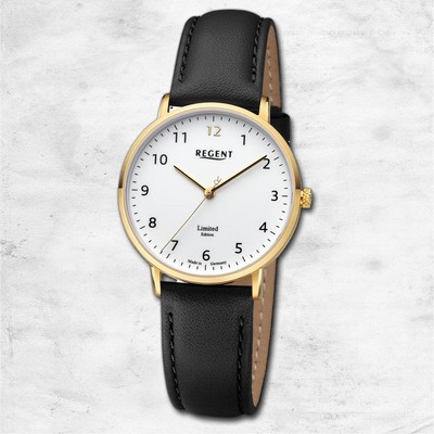 Regent Leder Damen Uhr Armbanduhr Quarz schwarz Lederarmband URGM2307