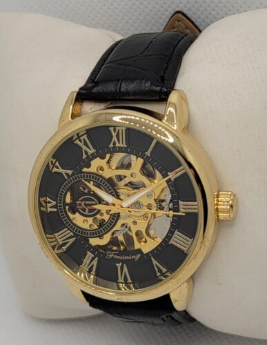 Herren Forsining klassische runde goldfarbene schwarze Lederband automatische Uhr L8 - Bild 2 von 11