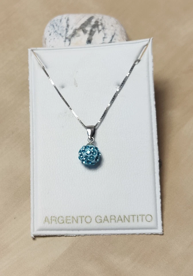 Collana Donna Argento 925 Ciondolo Sfera Strass Azzurro Punto Luce - Immagine 2 di 4