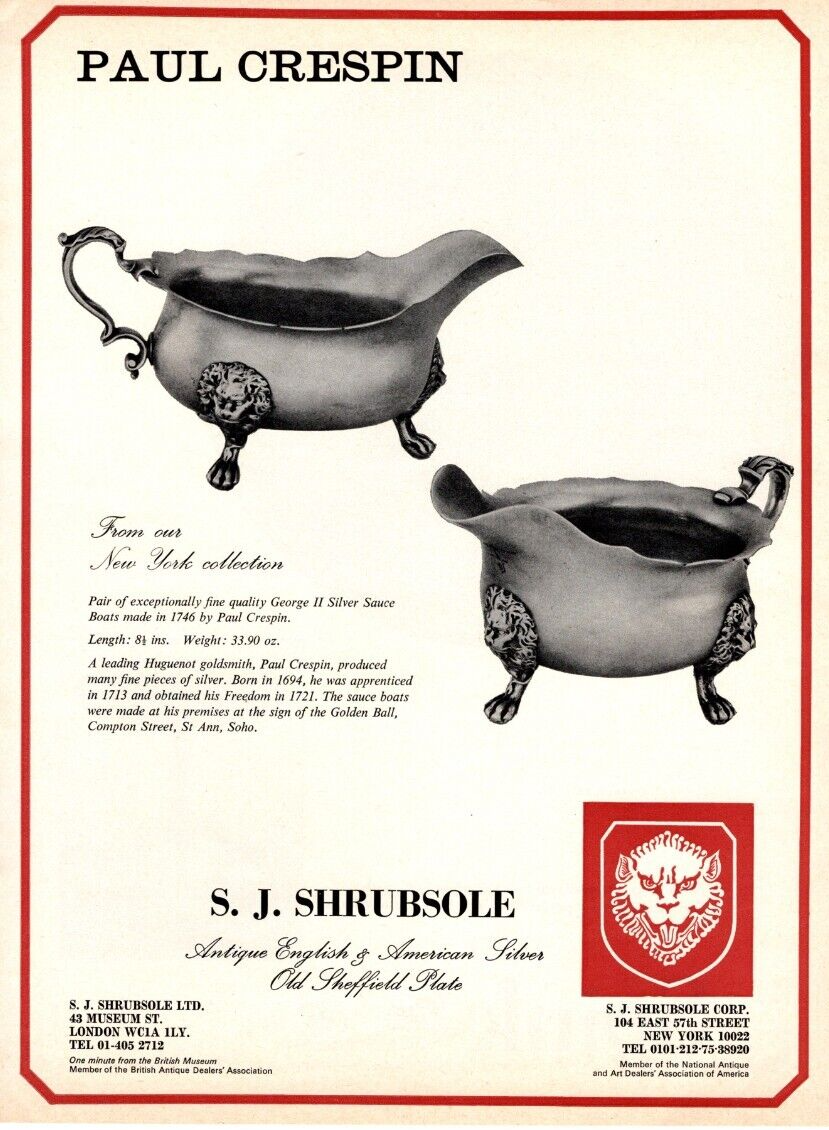 1974 S.J. SHRUBSOLE LTD PRINT AD, PAUL CRESPIN, SILVER SAUCE BOATS