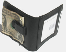 MC2097BL leather bifold money holder, front ID window spring money clip, black