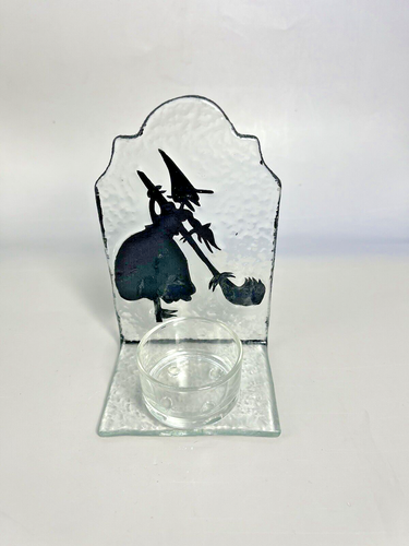 HALLOWEEN Fused Art Glass Black Spooky WITCH Cauldron Candle Holder Tealight 5" - Picture 4 of 12