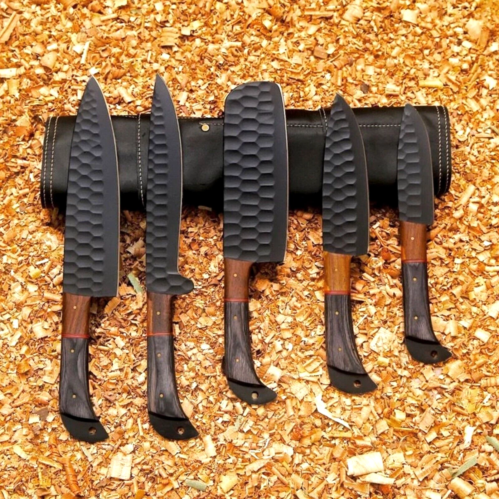 Custom Hand Forged Carbon Steel Knife Set With Bag Chef Kitchen Knives B Coating