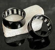 PAIR Inner Clear / Black Gem Black Ion Plated Steel Saddle Tunnels Plugs Gauges