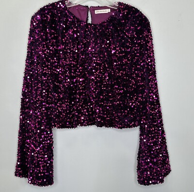 Avec Les Files All Over Velvet Sequin Long Bell Sleeve Crop Blouse Top Size S