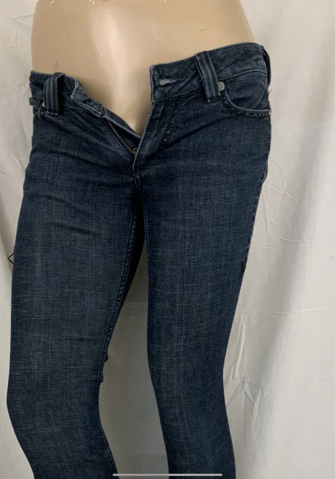 Pantalones de mezclilla antiguos talla 29 azul lavado oscuro calce ajustado algodón poliéster YGI V1-561 Foto 3 de 4