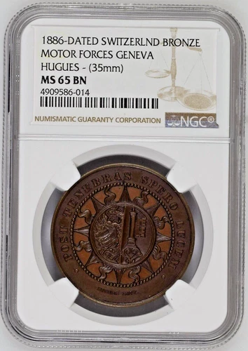 1886-DATED Switzerland Bronze Motor Forces Geneva Hugues - 35mm-NGC MS 65 BN