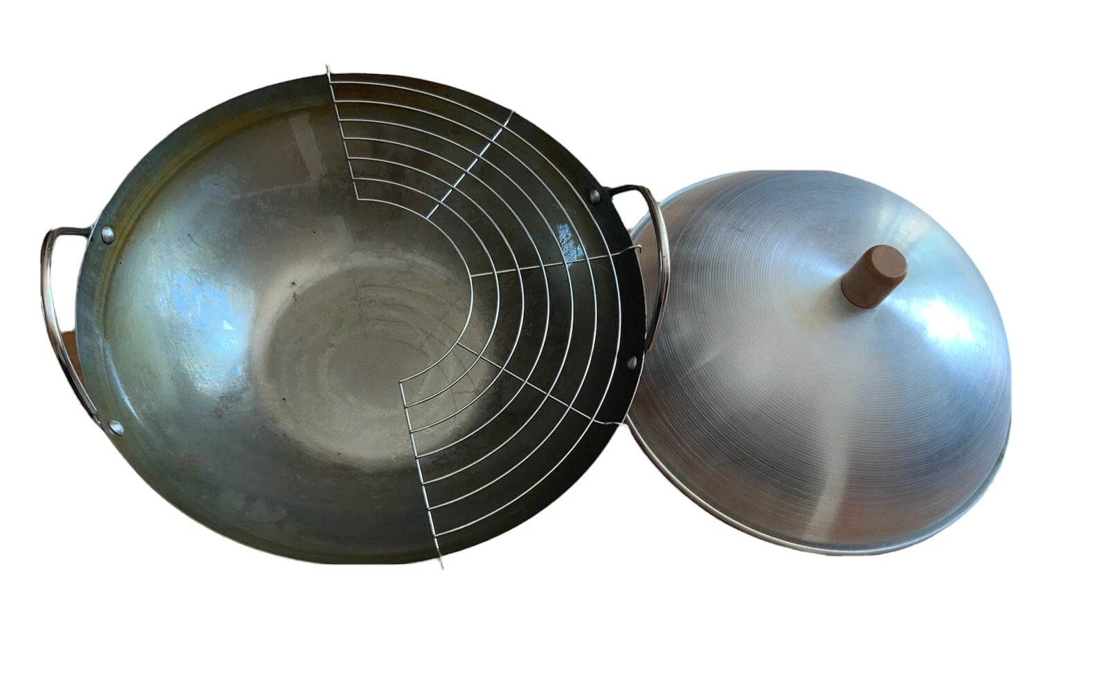 Vintage Carbon Steel Wok 13-5/8”Flat Bottom 2 Metal Handle