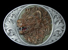 VINTAGE 1993 SNARLING LION BELT BUCKLE WITH SCROLLWORK BERGAMOT PEWTER