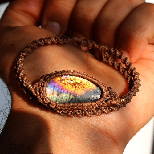 Hand Crafted Natural Spectrolite Gemstone Rainbow Flash Micro Macrame Bracelet - Picture 8 of 10