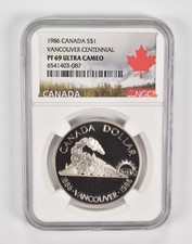 1986 PF69 UCam Canadian $1 Silver Dollar Vancouver Centennial NGC *5245