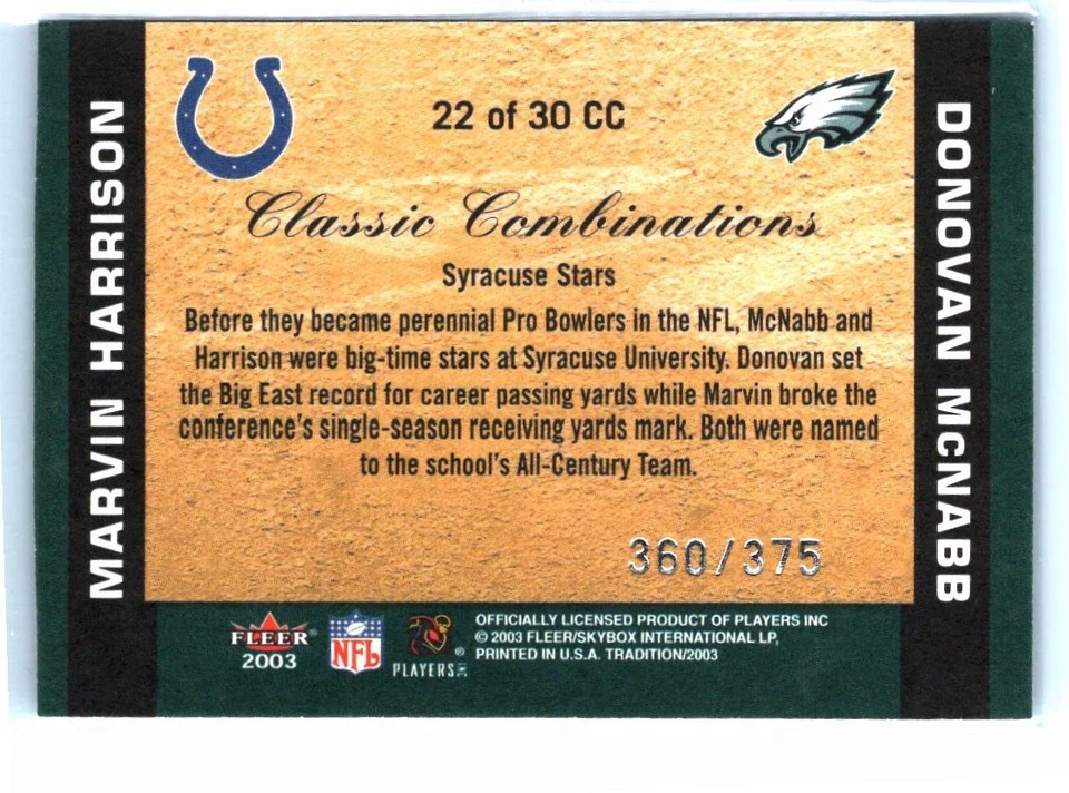 2003 Fleer Tradition #22 CC Donovan McNabb / Marvin Harrison Classic Combos /375 - Image 2 of 2