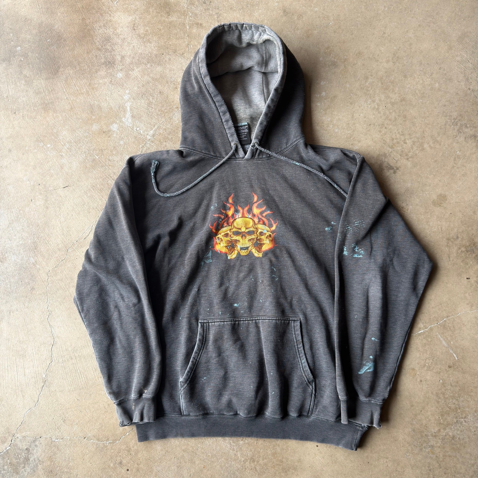 Vtg Y2K Top Heavy Flame Skull Hoodie Grunge Skate Distressed Grail Mens Large