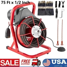 Drain Cleaner Machine Electric Drain Auger 75 FT x 1/2 In Manual Feed w/ Cutters