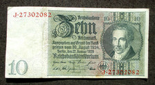 OLD BANKNOTE OF THIRD REICH GERMANY 10 REICHSMARK 1929 THEAR No. J*27302082