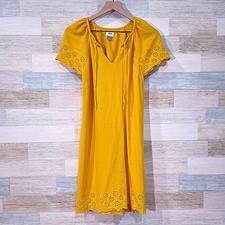 OLD NAVY Linen Blend Floral Eyelet Dress Yellow Short Sleeve Casual Women Small