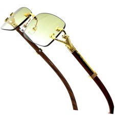 Rimless Sunglasses Gold Frame Brown Arms Rectangle Lens Fashion Green Lens Buffs