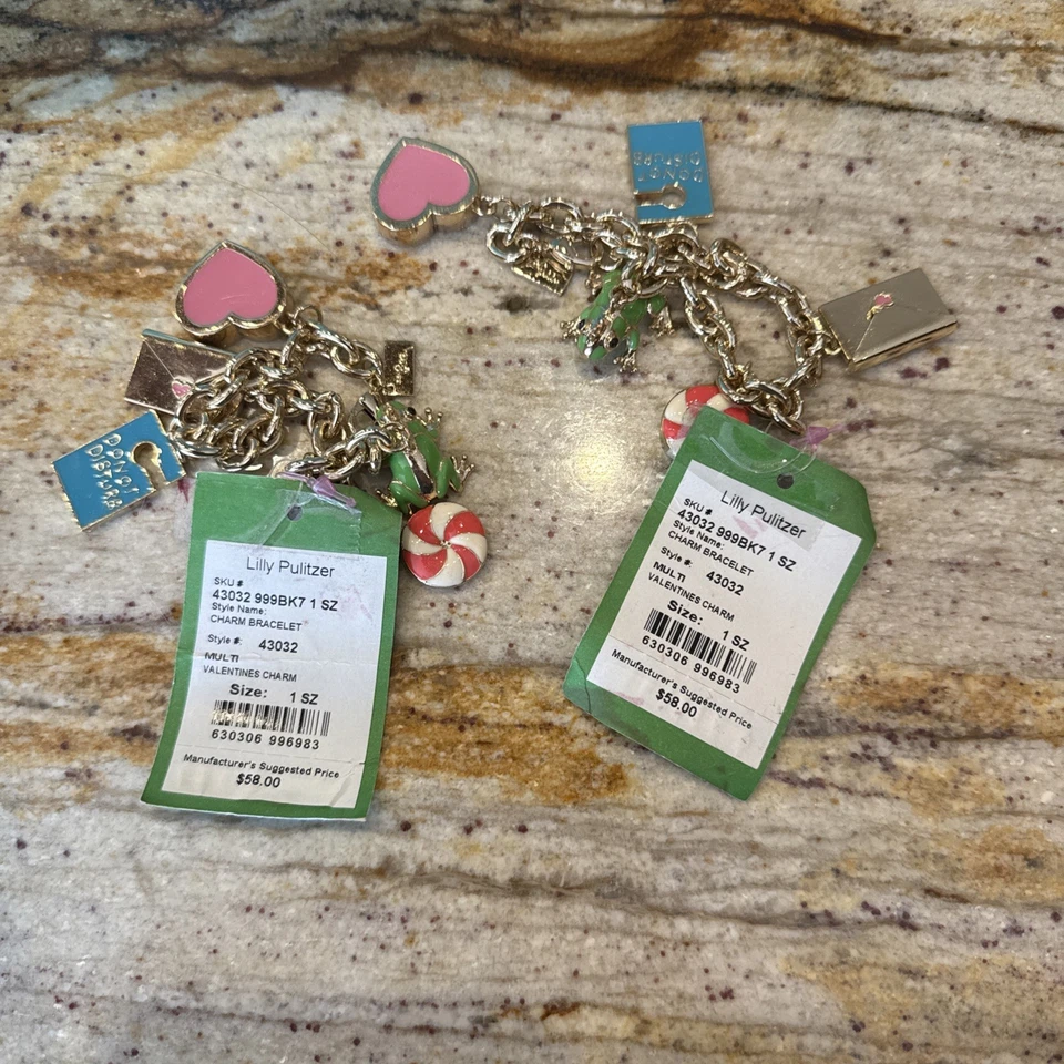 LILLY PULITZER CHARM BRACELET FROG LETTER HEART POUCH CANDY VALENTINES DAY GOLD  - Image 2 of 2