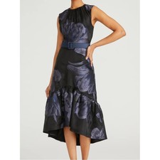 Kay Unger Beatrix Floral Jacquard Tea Length Midi Dress Belted Size 6 NWOT