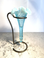 MCM Vintage Fenton Blue Opalescent Hobnail Glass Vase Ruffled Rim Metal Stand