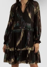 Trina Turk Rhapsodic Dress Black Silk Gold Accent Dress Ruffle Tie Sz Medium