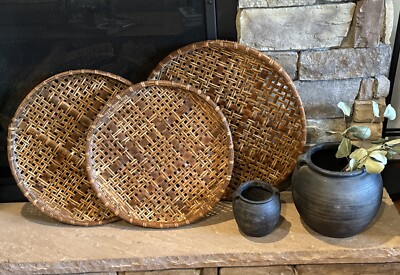 VTG Round Flat Wicker Woven Rattan Winnowing Baskets Wall Decor Boho ~ Set Of 3