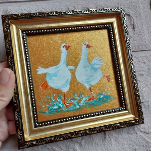 Pintura de Gansos Blancos Original Miniatura Ganso Obra de Arte Pájaro Imagen Dorada ENMARCADA - Imagen 7 de 10
