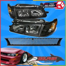 For 93 97 Toyota Corolla Dx Headlights Black Clear Lens Head Lamp And Mesh Grill