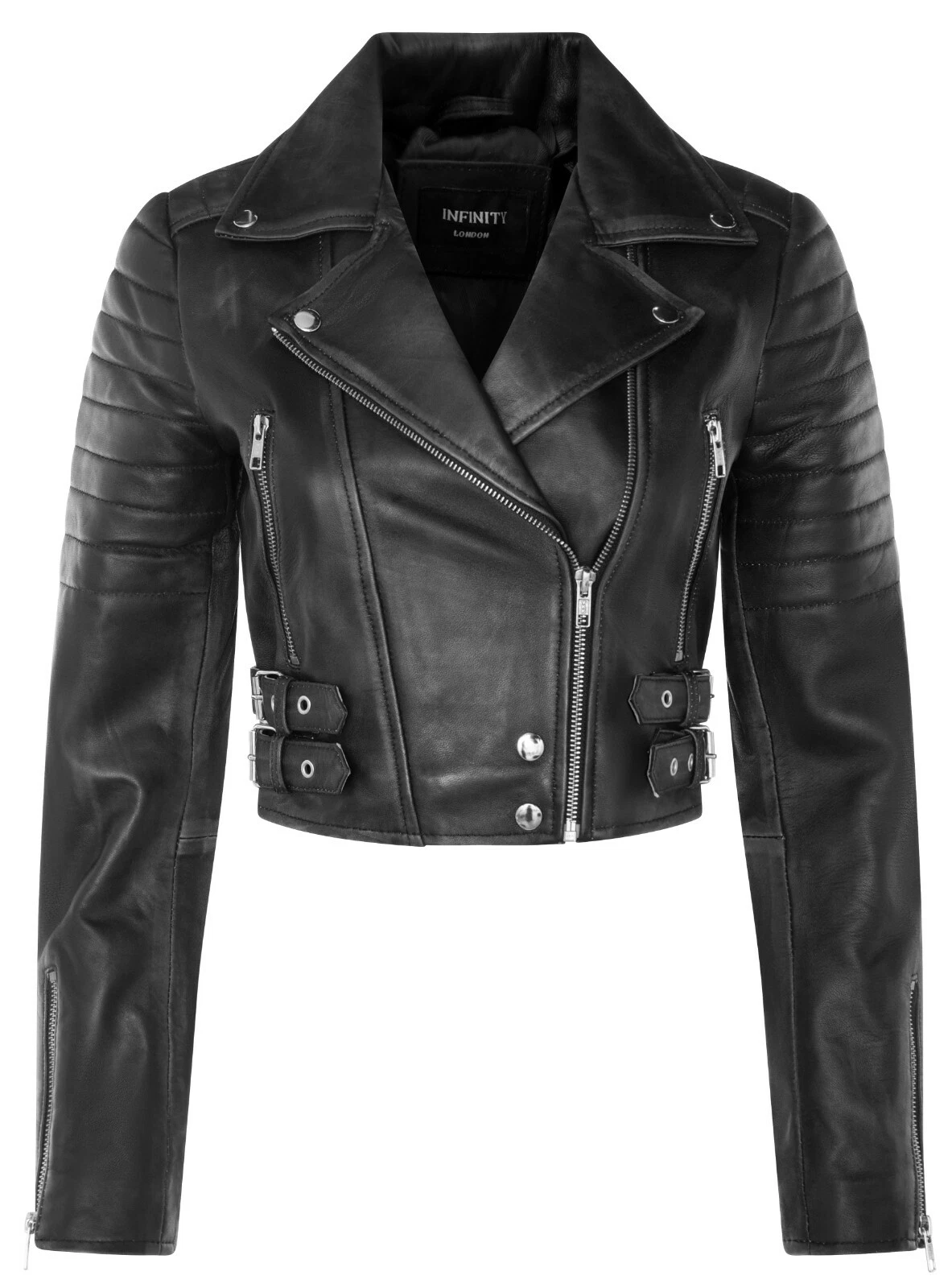 Ladies Cropped Jacket Short Body Gothic Top BLACK Chic Biker REAL LEATHER Jacket