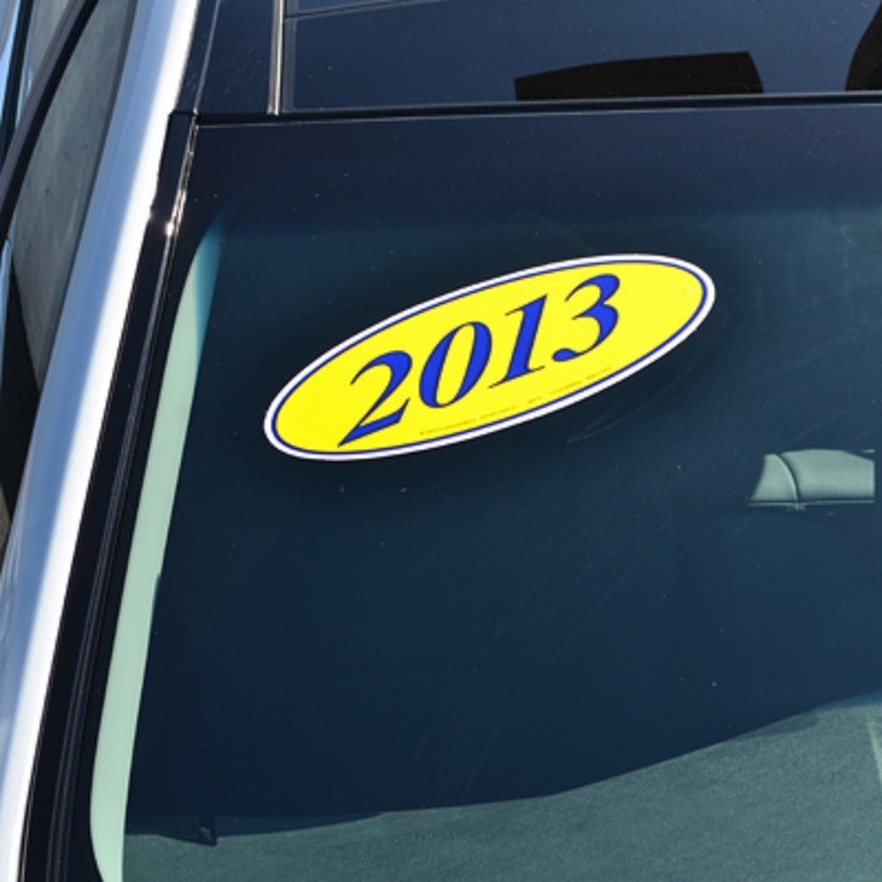 Versa-Tags Windshield Oval Model Year Vinyl Stickers – Blue & Yellow, 12 Per Pack (One Year)