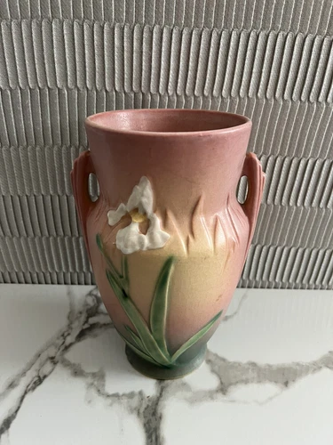 Roseville Pottery Iris Vase, Shape 921-8, Coral (Pink)