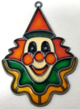 Circus Clown Head Stained Glass Decoration Window Orange Green Yellow Vintage