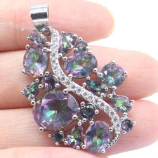 Buy 3 get 1 Free SheCrown Big Size Fire Rainbow Mystical Topaz CZ Silver Pendant