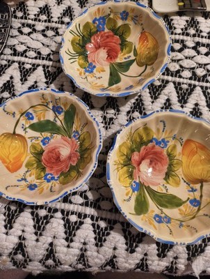 Italian Renaissance Revival Faience Nove Rose Majolica mcm 3 Sm Bowls Decor 