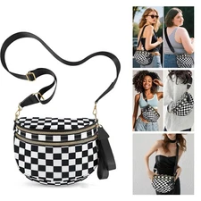Spacious Checkered Nylon Crossbody Bag Bum Bag Checkered Handbags Wallets Black