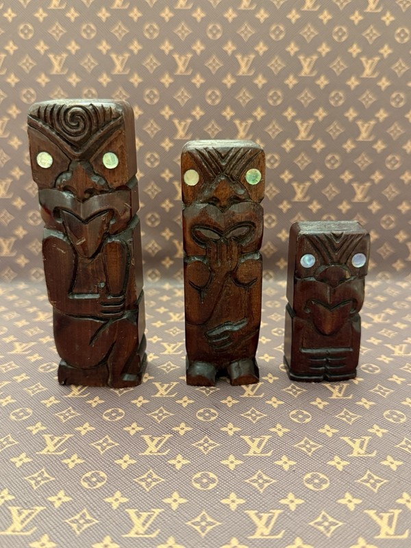 Vintage New Zealand Rotorua Maori Tiki Paua Shell Eyes & Wood Carving Set Of 3