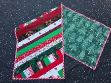 Handmade Quilted Table Runner Stripe Christmas Santa Candy Cane flowers stripes
