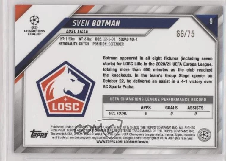 2021-22 Topps Chrome UCL Blue Wave Refractor /75 Sven Botman #9 Rookie RC - Image 2 of 2