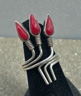 VTG Native Red Coral Teardrops flower buds Sterling Silver stems bypass ring