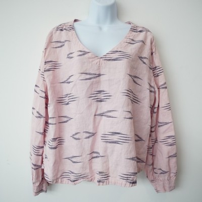 Dylan 100% Linen Blouse Size Large Southwestern Print Long Sleeve Pink Top